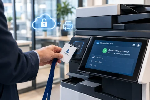 Employee badging in at a copier panel
